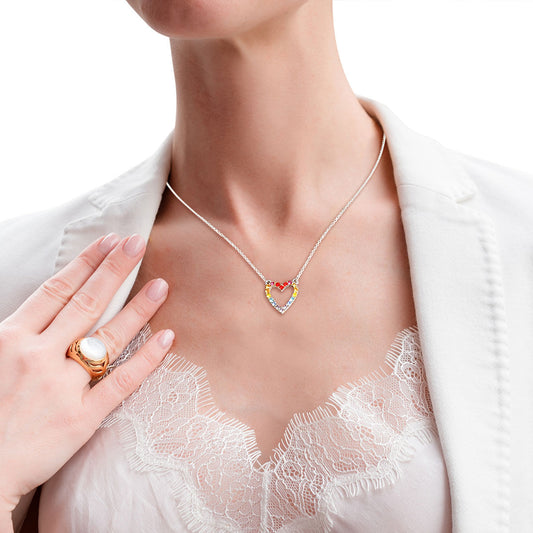 Silver Metal Chain V Necklace Featuring Rainbow Rhinestone Heart Pendant. Pendant measures .55" x .58