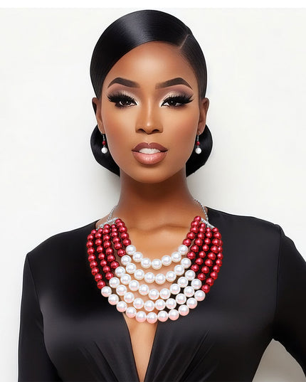  Featuring five cascading layers of lustrous cream pearls beautifully contrasted with bold red accents, this piece radiates sophistication and grace. The multi-strand design adds depth and drama, making it the perfect accessory for weddings or formal events