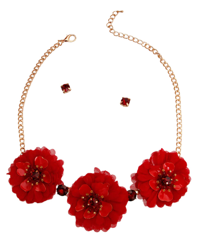 Gold Chain with Red Fabric Flowers Featuring Metal, Bead, and Rhinestone Details. Flowers measure 2 inches.