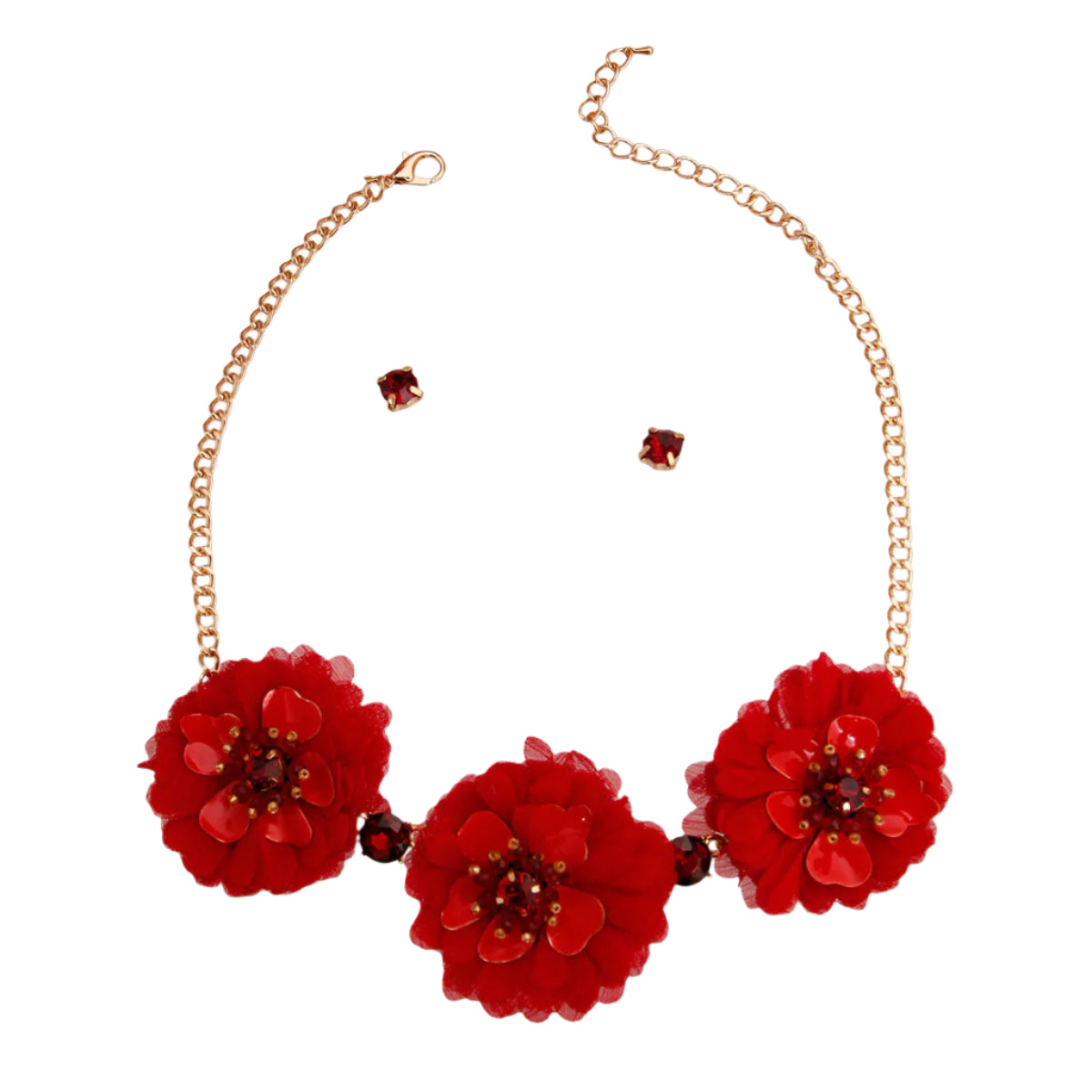 Gold Chain with Red Fabric Flowers Featuring Metal, Bead, and Rhinestone Details. Flowers measure 2 inches.