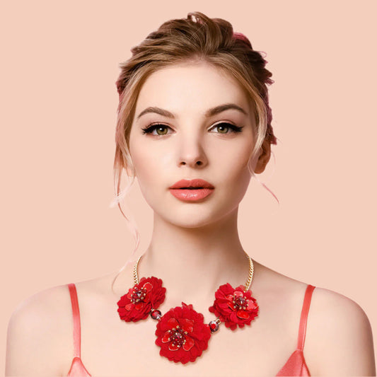 Gold Chain with Red Fabric Flowers Featuring Metal, Bead, and Rhinestone Details. Flowers measure 2 inches.