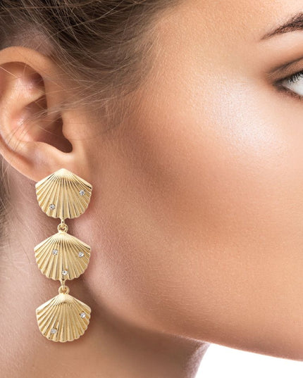 Gold Seashell Drop Earrings Featuring Rhinestone Detail