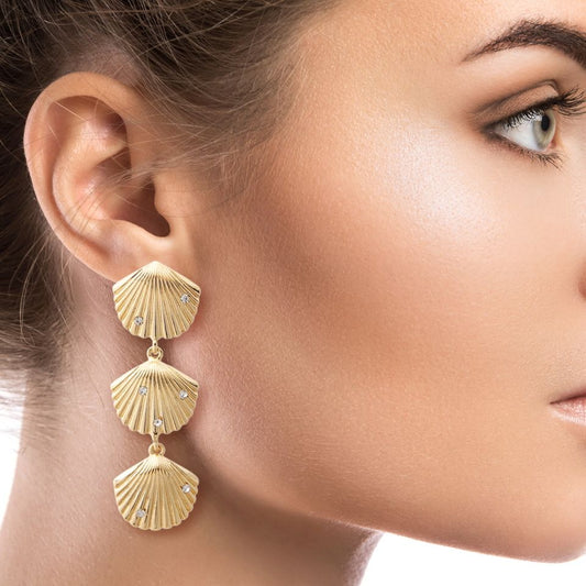 Gold Seashell Drop Earrings Featuring Rhinestone Detail