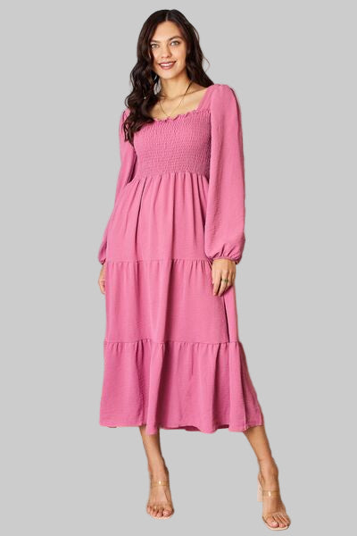 Pink, tiered, ruffle trim smocked dress