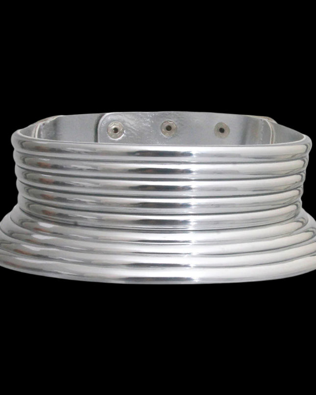 Shiny Silver Vegan Leather Ribbed Collar Choker Necklace Featuring Adjustable Snap Closure. Choker measures 2.75 inches wide