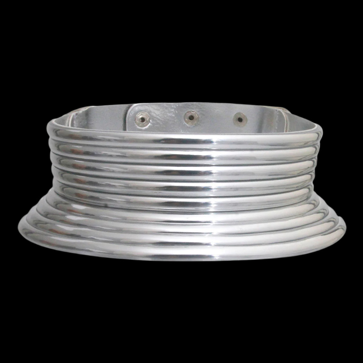 Shiny Silver Vegan Leather Ribbed Collar Choker Necklace Featuring Adjustable Snap Closure. Choker measures 2.75 inches wide
