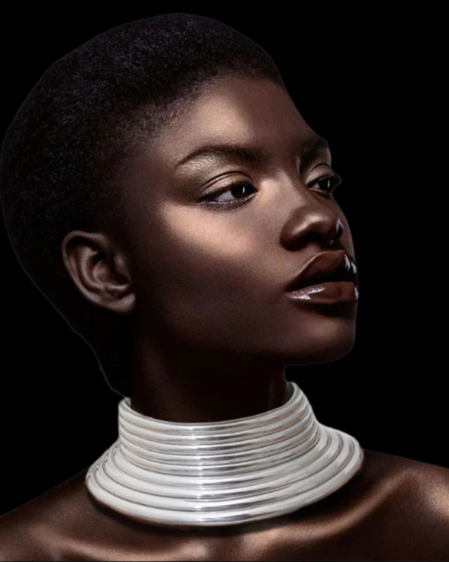 Shiny Silver Vegan Leather Ribbed Collar Choker Necklace Featuring Adjustable Snap Closure. Choker measures 2.75 inches wide