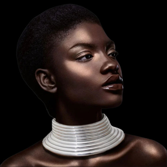 Shiny Silver Vegan Leather Ribbed Collar Choker Necklace Featuring Adjustable Snap Closure. Choker measures 2.75 inches wide