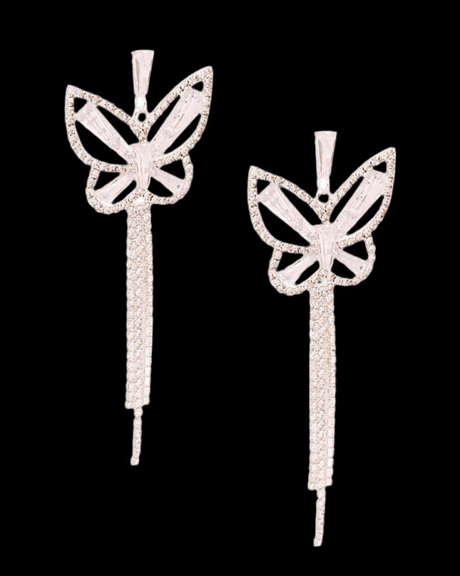 Silver Metal Butterfly Stud Earrings Featuring Rhinestone and Drop Fringe Detailing. Earrings measure 1.25 inches wide
