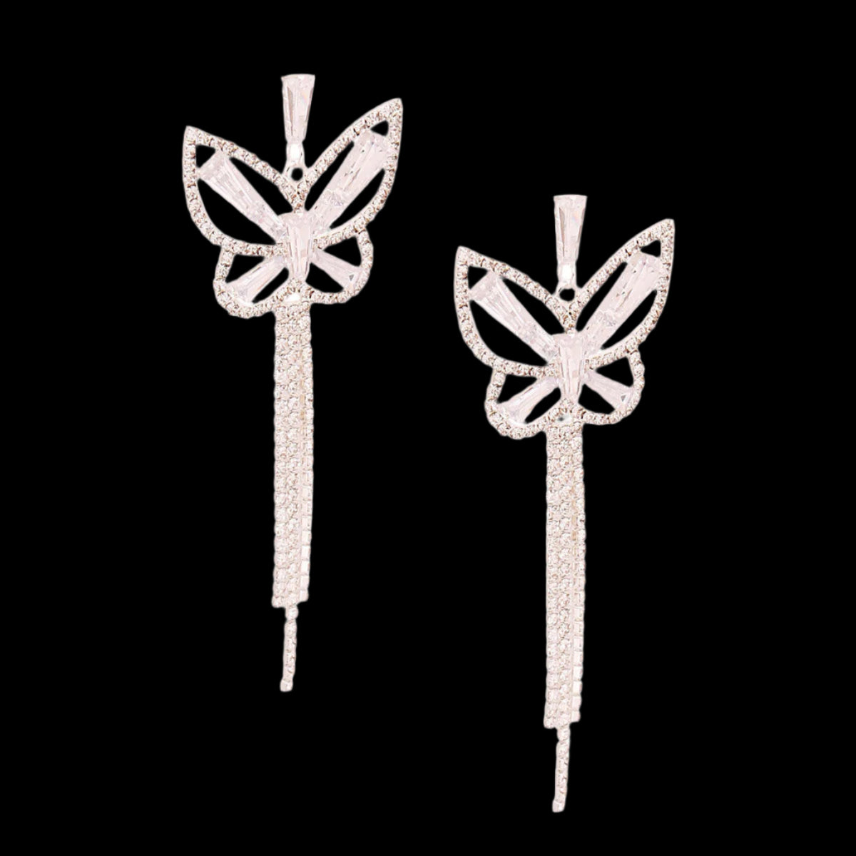 Silver Metal Butterfly Stud Earrings Featuring Rhinestone and Drop Fringe Detailing. Earrings measure 1.25 inches wide