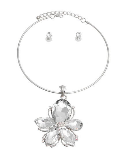 Silver Metal Rigid Collar Necklace Set Featuring Clear Crystal Rhinestone Flower Pendant. Pendant measures 3.75 inches long and 2.75 inches wide.