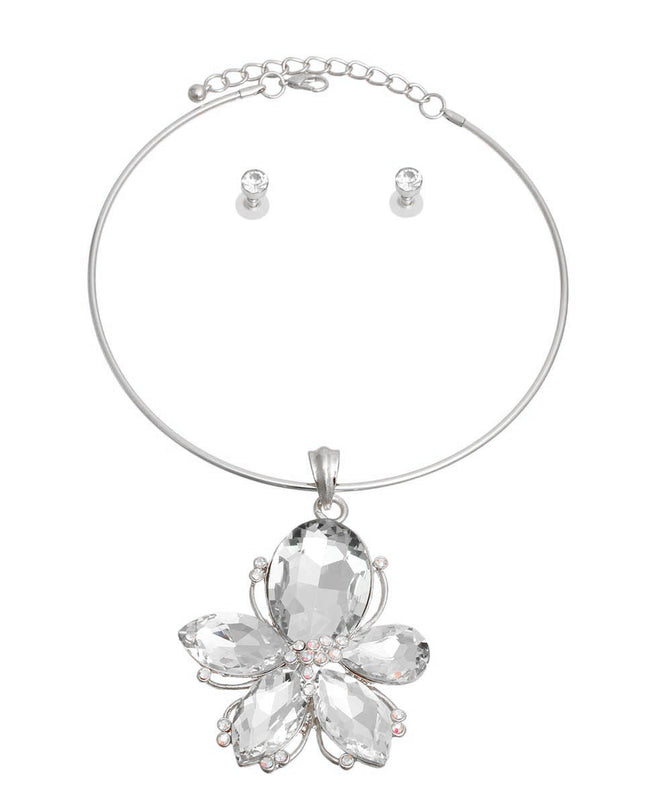 Silver Metal Rigid Collar Necklace Set Featuring Clear Crystal Rhinestone Flower Pendant. Pendant measures 3.75 inches long and 2.75 inches wide.
