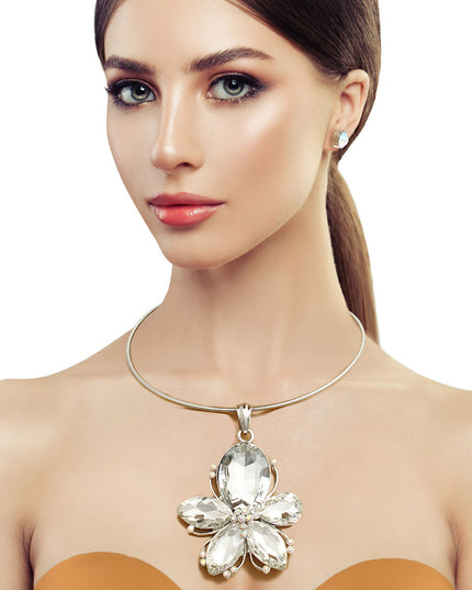 Silver Metal Rigid Collar Necklace Set Featuring Clear Crystal Rhinestone Flower Pendant. Pendant measures 3.75 inches long and 2.75 inches wide.