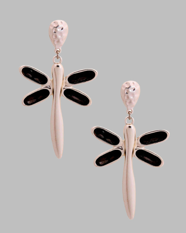 Silver Matte Metal Drop Dragonfly Earrings Featuring Black Diamond Crystal Wings. Earrings measure 1.5 inches wide.