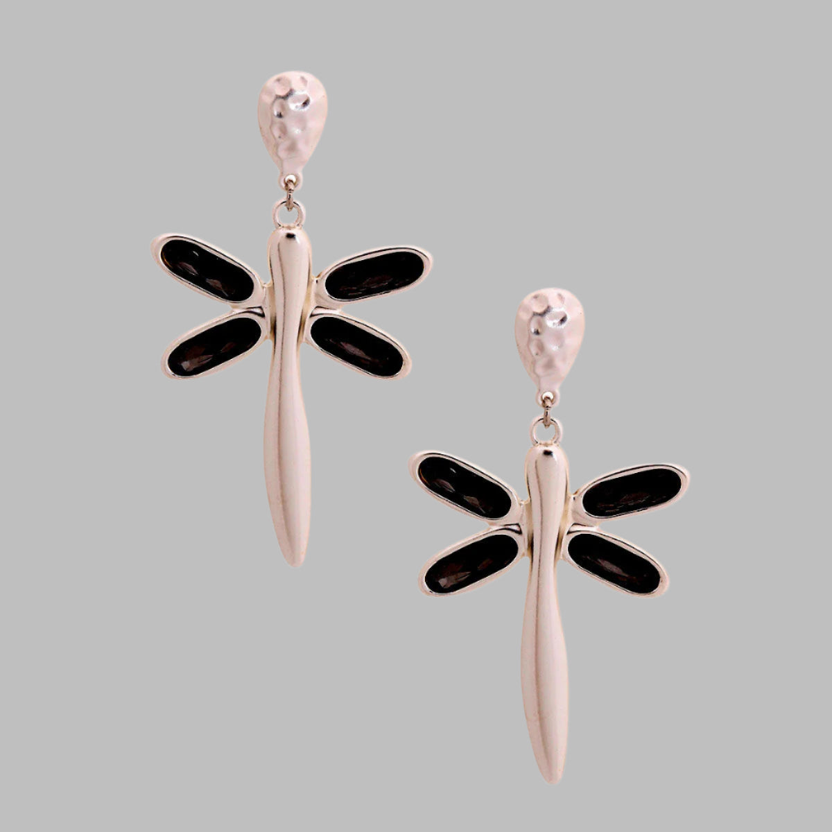 Silver Matte Metal Drop Dragonfly Earrings Featuring Black Diamond Crystal Wings. Earrings measure 1.5 inches wide.