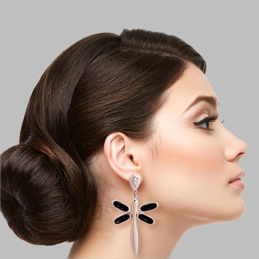 Silver Matte Metal Drop Dragonfly Earrings Featuring Black Diamond Crystal Wings. Earrings measure 1.5 inches wide.