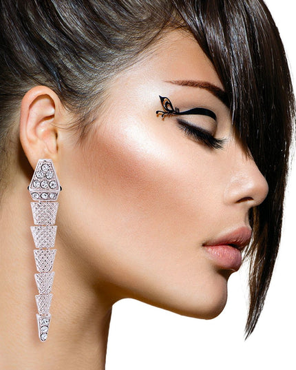 Bulgari Inspired Silver Metal Linked Dangling Snake Earrings Featuring Clear Rhinestone Detailing. Earrings measure .65 inches wide