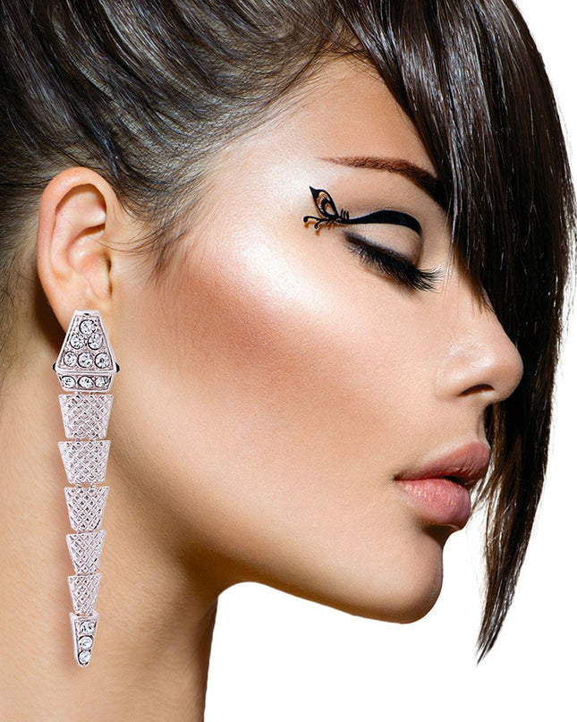 Bulgari Inspired Silver Metal Linked Dangling Snake Earrings Featuring Clear Rhinestone Detailing. Earrings measure .65 inches wide