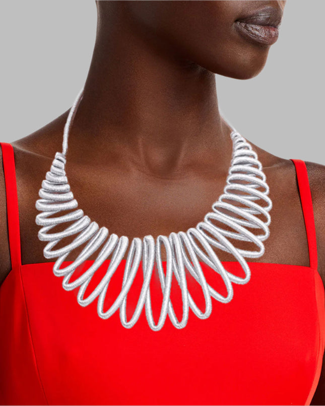 Silver Metallic Ropes Cord Necklace Set Featuring Graduated Loop Collar Bib Detail. Necklace measures 3 inches wide