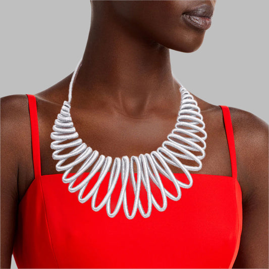 Silver Metallic Ropes Cord Necklace Set Featuring Graduated Loop Collar Bib Detail. Necklace measures 3 inches wide