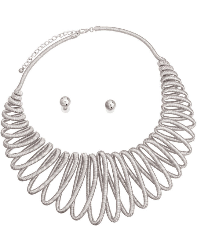 Silver Metallic Ropes Cord Necklace Set Featuring Graduated Loop Collar Bib Detail. Necklace measures 3 inches wide