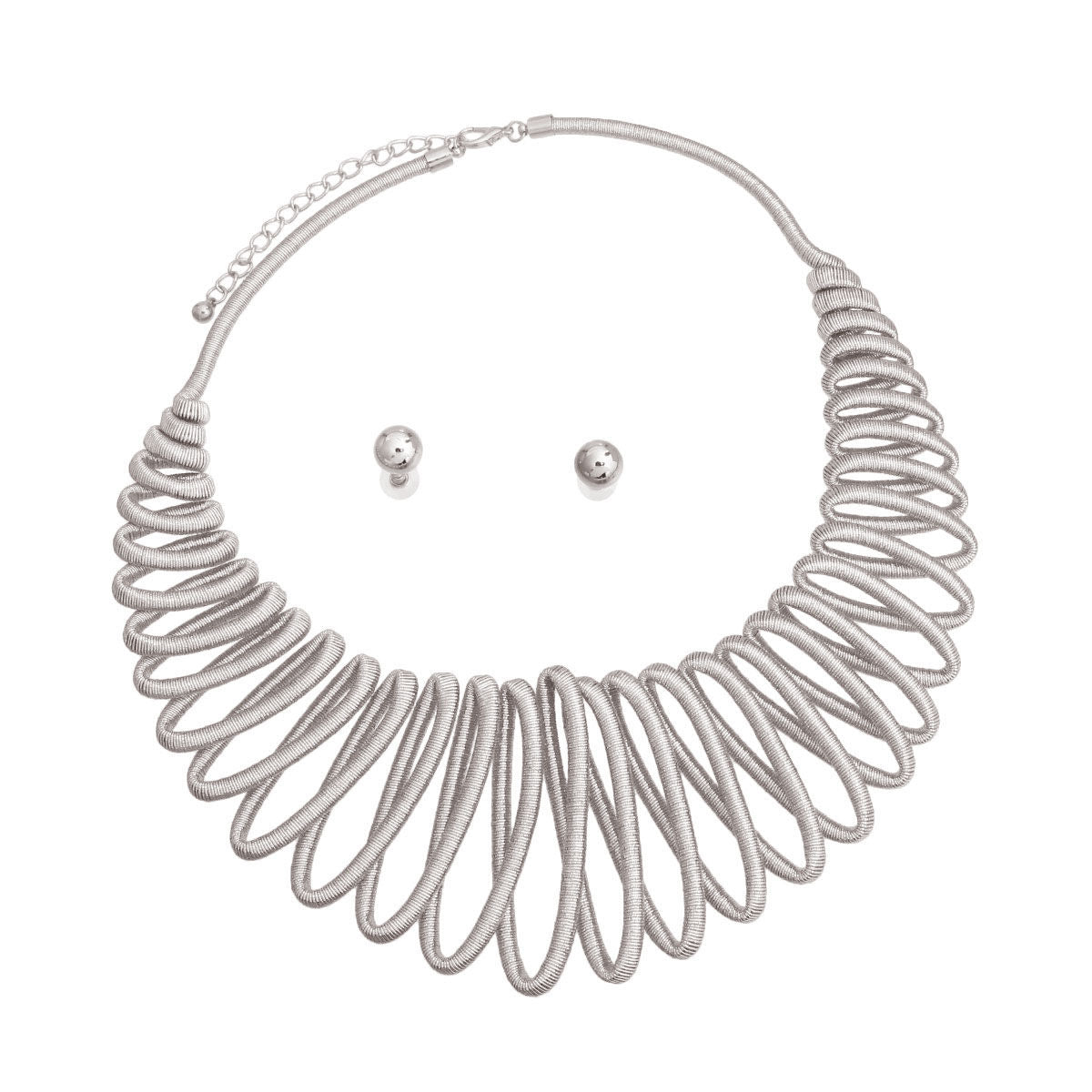 Silver Metallic Ropes Cord Necklace Set Featuring Graduated Loop Collar Bib Detail. Necklace measures 3 inches wide
