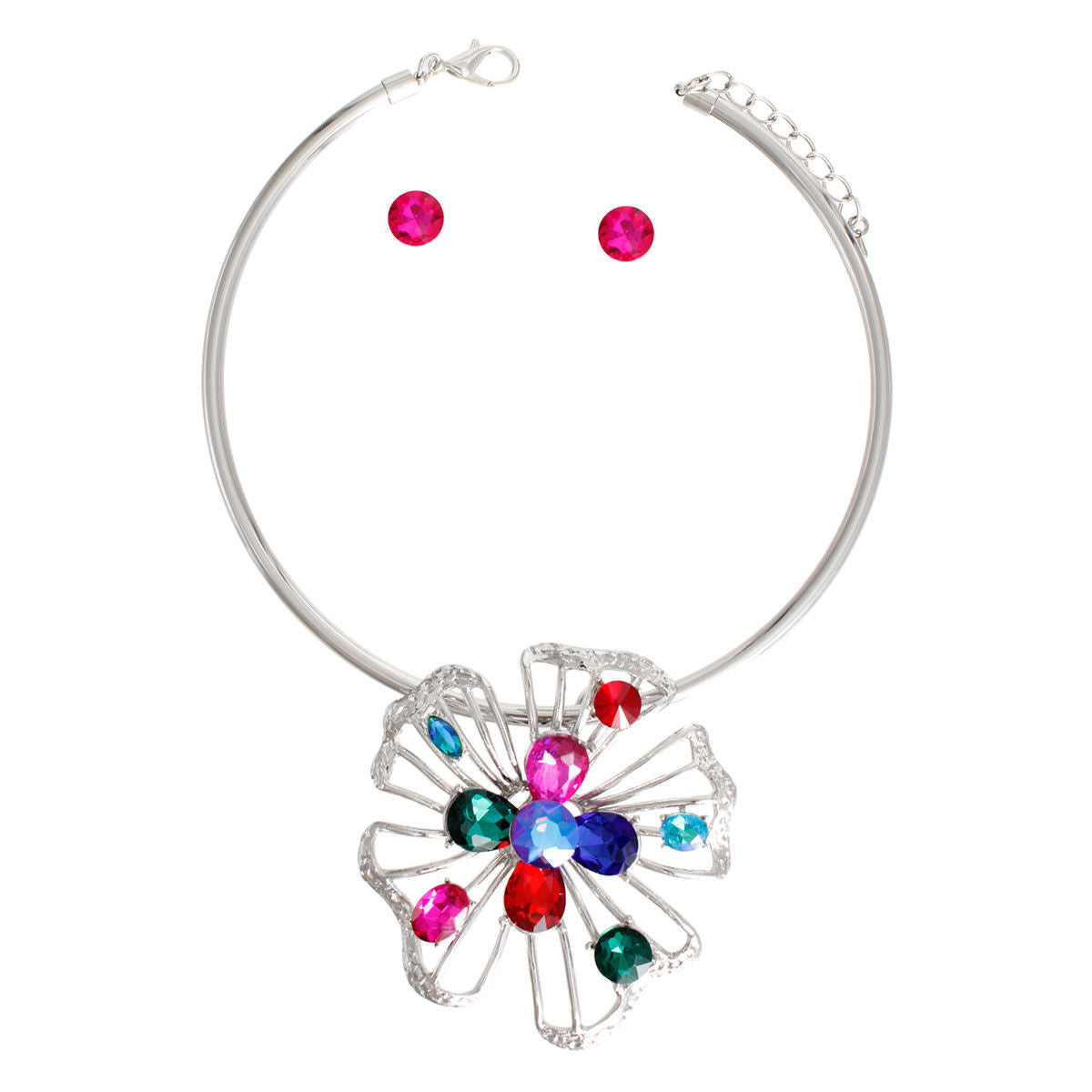 Silver Multi Crystal Flower with a pair of earrings