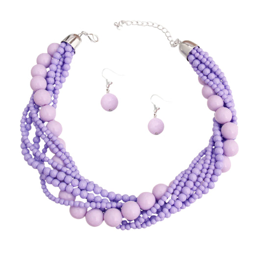 Silver and Varying Sized Lavender Beads Multi Strand Twisted Necklace Set. Weighs .14 lbs