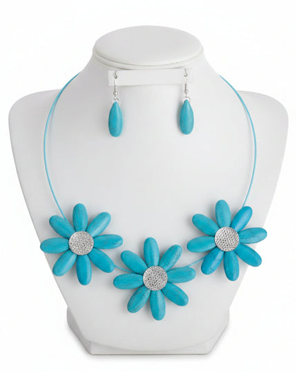 Turquoise Coated Wire Rigid Collar Necklace Set Featuring Triple Acrylic Flower Details. Flowers measure 2.25 inches each.