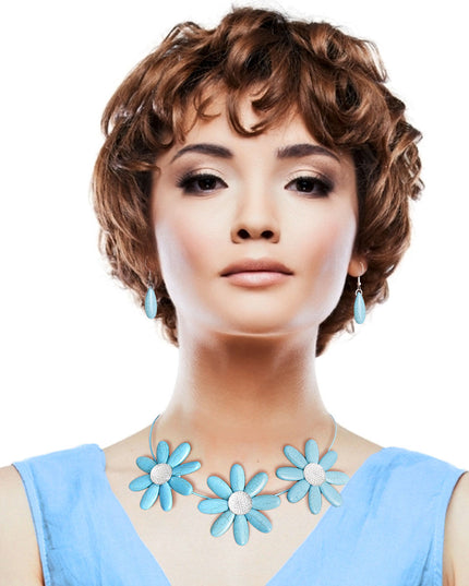Turquoise Coated Wire Rigid Collar Necklace Set Featuring Triple Acrylic Flower Details. Flowers measure 2.25 inches each.