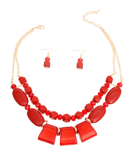 Multi textured double layered statement red wine necklace set. 18 inches.