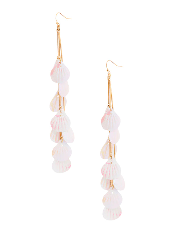 Long Gold Metal and White Iridescent Seashell Drop Dangle Earrings. Each Shell measures .75 inches.