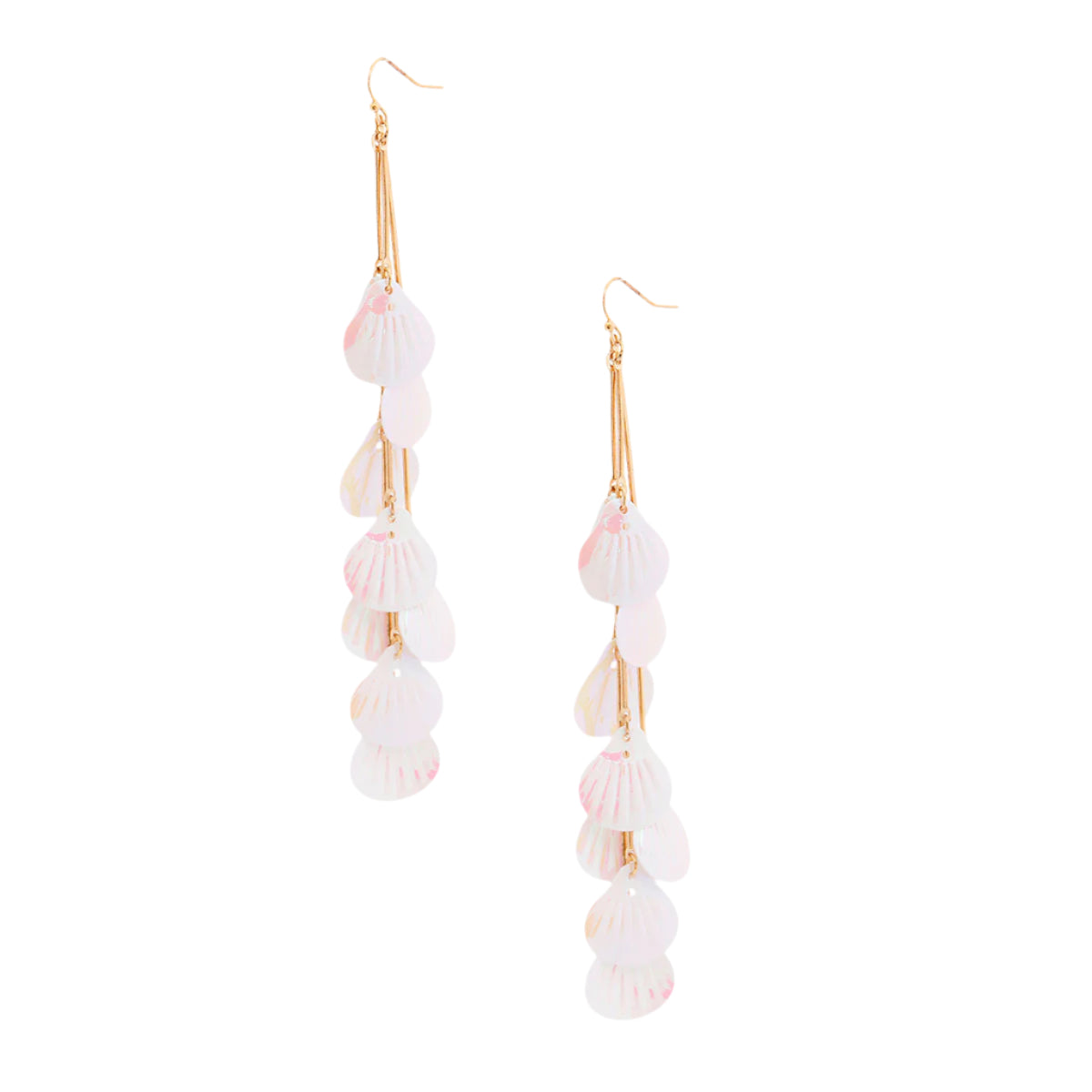 Long Gold Metal and White Iridescent Seashell Drop Dangle Earrings. Each Shell measures .75 inches.