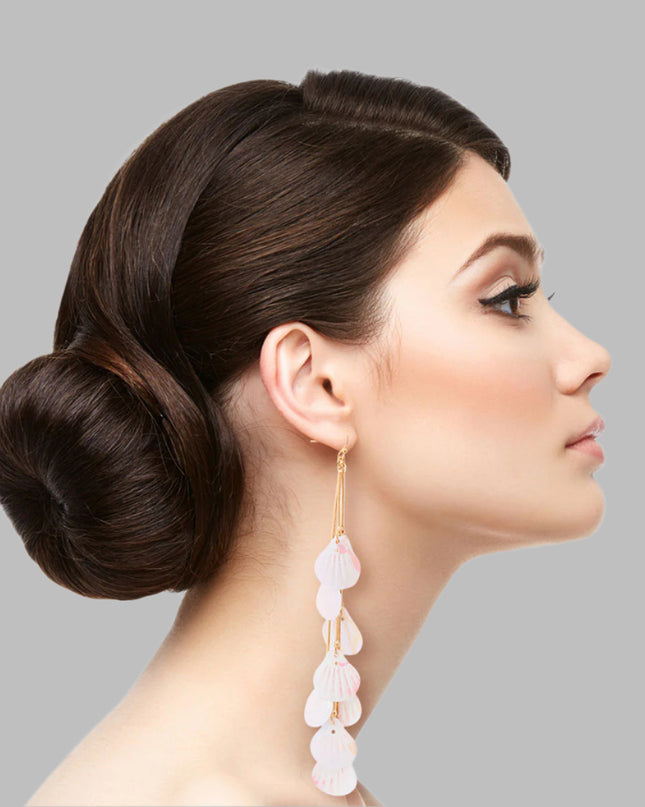 Long Gold Metal and White Iridescent Seashell Drop Dangle Earrings. Each Shell measures .75 inches.