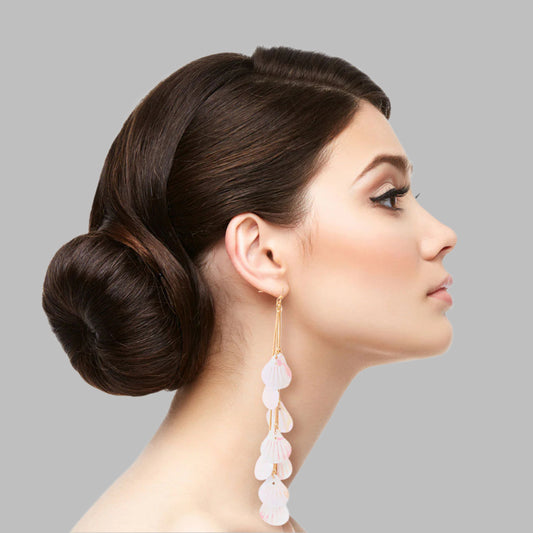 Long Gold Metal and White Iridescent Seashell Drop Dangle Earrings. Each Shell measures .75 inches.