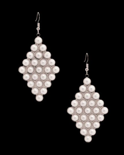 Silver with White Pearl Stud Diamond Shape Drop Fishhook Earrings. Earrings measure 1.5 inches.