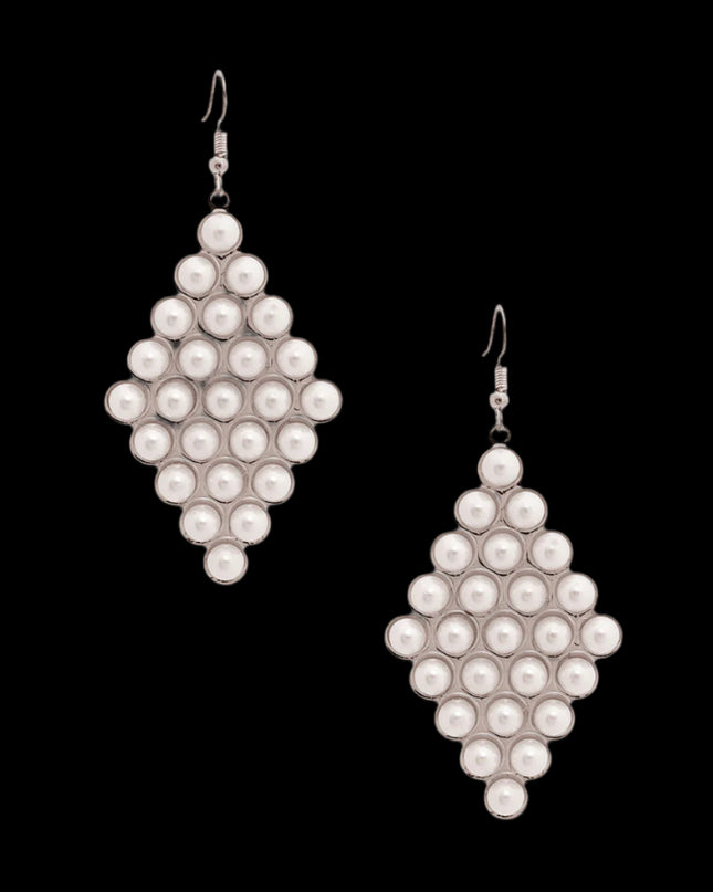 Silver with White Pearl Stud Diamond Shape Drop Fishhook Earrings. Earrings measure 1.5 inches.