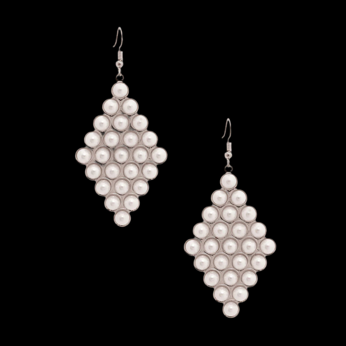 Silver with White Pearl Stud Diamond Shape Drop Fishhook Earrings. Earrings measure 1.5 inches.