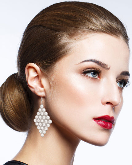 Silver with White Pearl Stud Diamond Shape Drop Fishhook Earrings. Earrings measure 1.5 inches.