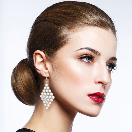 Silver with White Pearl Stud Diamond Shape Drop Fishhook Earrings. Earrings measure 1.5 inches.