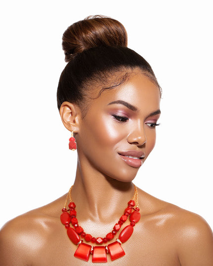 Multi textured double layered statement red wine necklace set. 18 inches.