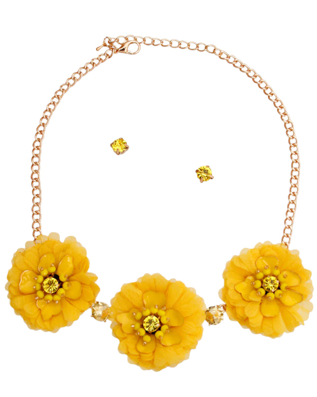Gold Chain with Yellow Fabric Flowers Featuring Metal, Bead, and Rhinestone Details. Flowers measure 2 inches