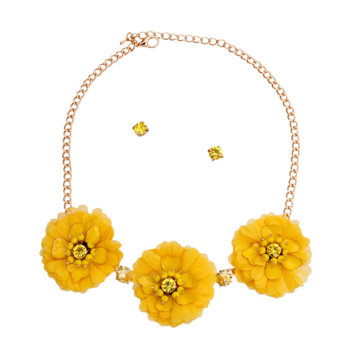 Gold Chain with Yellow Fabric Flowers Featuring Metal, Bead, and Rhinestone Details. Flowers measure 2 inches
