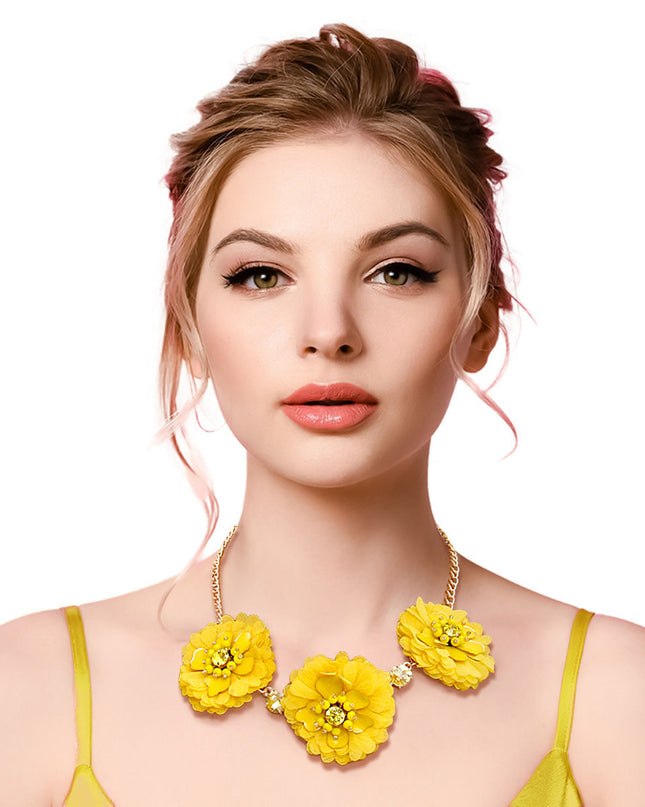 Gold Chain with Yellow Fabric Flowers Featuring Metal, Bead, and Rhinestone Details. Flowers measure 2 inches