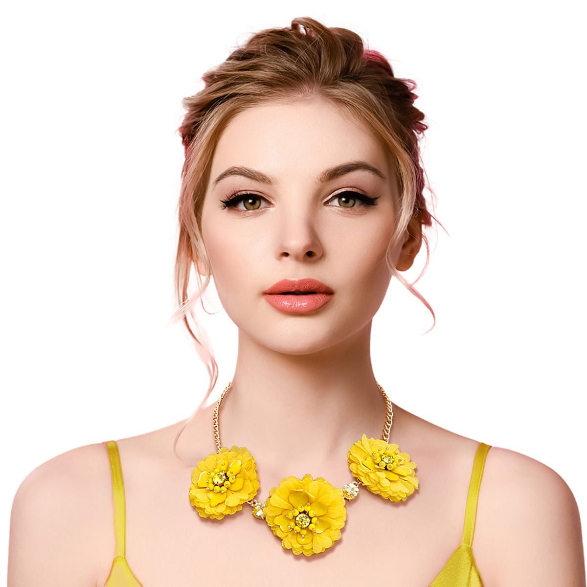 Gold Chain with Yellow Fabric Flowers Featuring Metal, Bead, and Rhinestone Details. Flowers measure 2 inches
