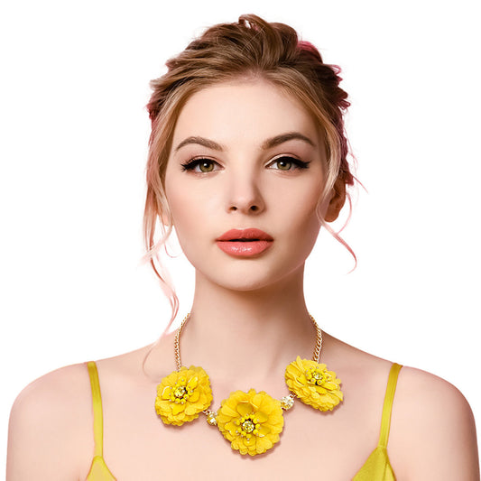 Gold Chain with Yellow Fabric Flowers Featuring Metal, Bead, and Rhinestone Details. Flowers measure 2 inches
