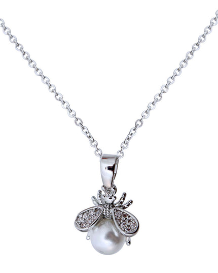 Silver Pearl and CZ Cute Bee Necklace