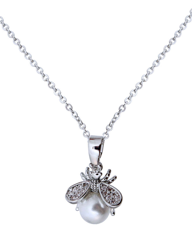 Silver Pearl and CZ Cute Bee Necklace