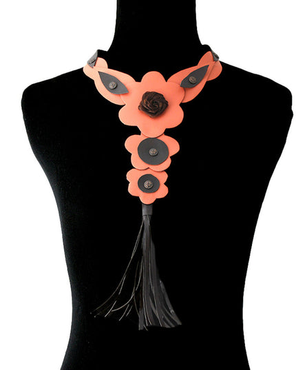 Coral Coral Leather Rose and Tassel Choker Necklace