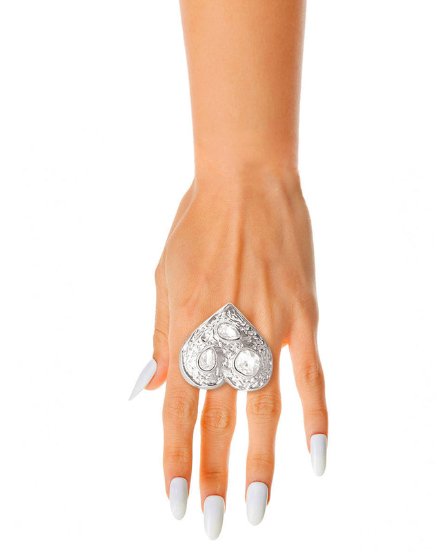 Silver Hammered Heart Stone Ring
